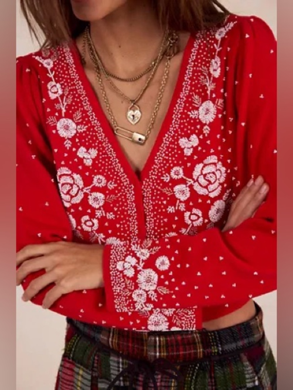 NWT new XL Free People happy holidays beaded embroidered Red cardigan sweater
